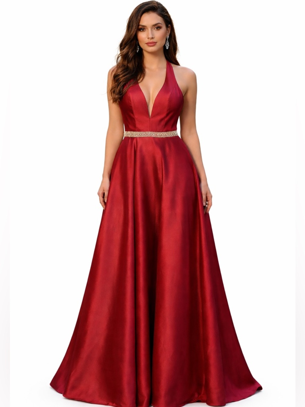 Tiffany Designs Red Wine Satin Prom Ball Gown Rhinestone Waist Sz 8